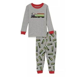 New Toddler Boys Pajama Set, Gray & Green Train PJ, Cotton, Leveret 2T Kids Gift